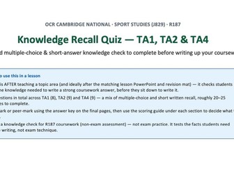 R187 Knowledge Recall Quiz — TA1, TA2 & TA4 | OCR Cambridge National Sport Studies (J829)