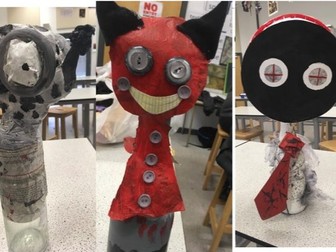 Art of Tim Burton KS3 drawings, paper cut out, chalk drawing, bottle sculpture and rolled figure