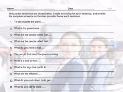 Airports and Hotels Sentence Finishers Worksheet
