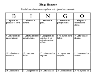 B.I.N.G.O. Humano - Verbos Como Gustar (Human BINGO - Verbs Like Gustar)