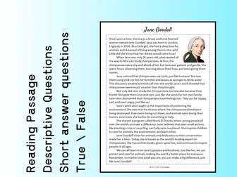 Jane Goodall Biography Reading Comprehension Passage Printable Worksheet PDF