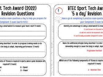 BTEC Tech Award in Sport (2022) Component 3 - '5 a day' Revision Questions and Answers (15 Days)