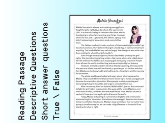 Malala Yousafzai Biography Reading Comprehension Passage Printable Worksheet PDF