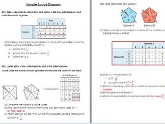 Sample space diagram Worksheet wih Solutions- Edexcel KS3/KS4