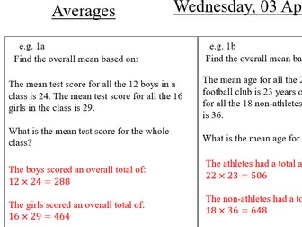 Averages Lesson 5 - Finding updated mean based on adding an extra value or merging two sets of data.