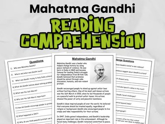 Mahatma Gandhi Reading Comprehension for KS2 or Gr 3 - 5 | Guided Reading Task