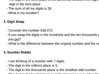 Place Value Reasoning challenge for Years 5 and 6