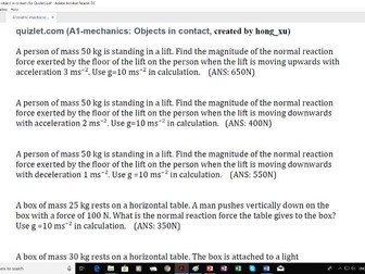 A level Year 1 maths on Mechanics: Object in Contact (Quizlet activity questions/answers)