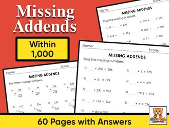 Missing Addends Within 1000 Worksheets | Addition Missing Numbers Practice