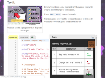 Python key skills posters with links to interactive self-marking challenges