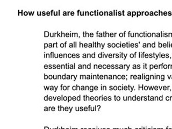 AQA A LEVEL SOCIOLOGY 'FUNCTIONALIST PERSPECTIVES + CRIME' (30/30) A*** ESSAY