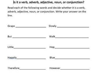 Adverbs, Verbs, Adjectives, Nouns, Conjunctions Worksheet Pack