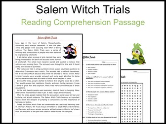 Salem Witch Trials Reading Comprehension and Word Search
