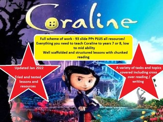 Coraline (Gaiman) - full scheme of work, 93 slide PPT PLUS resources - fiction
