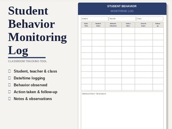 Student Behavior Monitoring Log | Classroom Management Template
