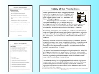History of the Printing Press Reading Comprehension Passage Printable Worksheet