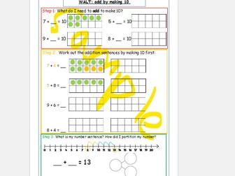 KS1 maths mastery. Add by making 10 worksheet