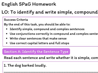 English SPaG Homework – Sentence Types (Simple, Compound and Complex)