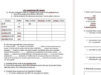 Spanish Preterite Tense Worksheet - Vacaciones del verano