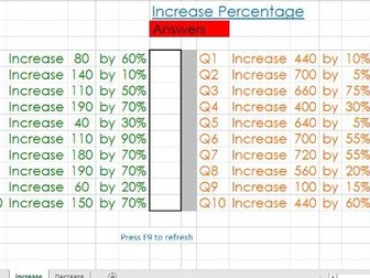 Percentage increase decrease differentiated random worksheet