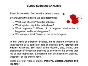 Blood Pattern Analysis Information + Tasks Forensic Science Murder Mystery Who Dunnit