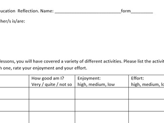 PE cover student reflection sheet