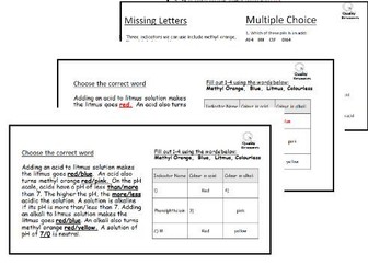 Comprehensive Worksheets on Indicators of Acids and Alkalis (SEN/Low Ability)