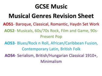 GCSE Music AQA Revision Musical Genres Sheets
