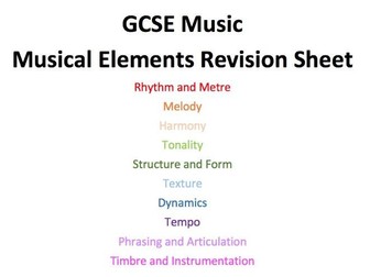 GCSE Music AQA Revision Musical Elements Sheets