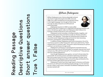 William Shakespeare Biography Reading Comprehension Passage Printable Worksheet PDF