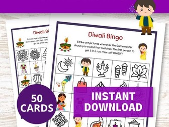 Diwali Bingo Game, 50 Bingo Cards for Deepavali