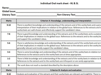 IB English A Language & Literature Mark Sheets Full Set (HL&SL)