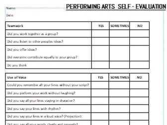 Performing Arts Self Evaluation Worksheet (Cover Work)