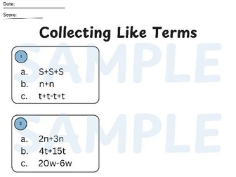 Collecting Like Terms KS3 Worksheet & Answers