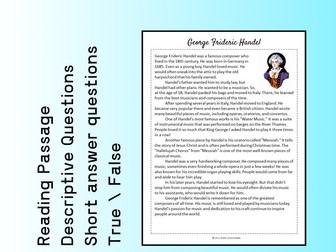 George Frideric Handel Biography Reading Comprehension Passage Printable Worksheet PDF