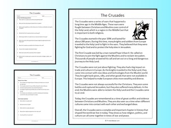 The Crusades Reading Comprehension Passage Printable Worksheet