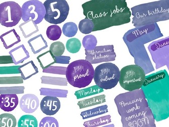 Watercolour blue, green and purple classroom decor display pack
