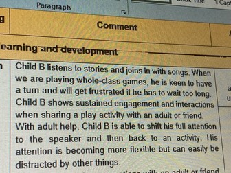 EYFS Reception End of Year Report Template Comments SEN Boy