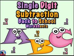 Single Digit Subtraction - Back To School Themed - Vertical