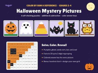 Halloween Color by Number Math | Addition & Subtraction Mystery Pictures | Grades 2-4