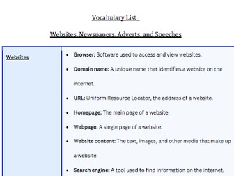 English language : Vocabulary List   for Websites, Newspapers, Adverts, and Speeches