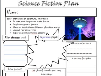 KS1 & 2 Science Fiction story planning template. A writing Science Fiction stories and spaces for pu