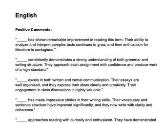 Report Comment Templates for Teachers