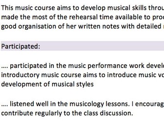 Junior music class report comments