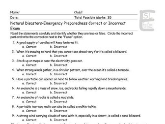 Natural Disasters-Emergency Preparedness True-False Exam