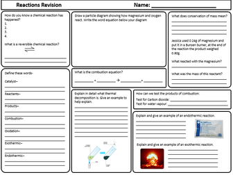 Reactions revision worksheet for year 7 or low ability GCSE