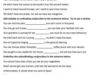 SPAG Conjunctions - Subordinating and Co-ordinating Year 5 / 6