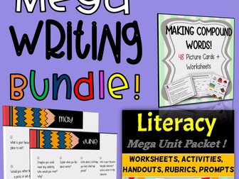 MEGA Literacy/ Writing Packet (guided lessons) AND ALSO Monthly Writing Prompts + Narrative/Persuasive Writing and Grammar + Compound Words BUNDLE