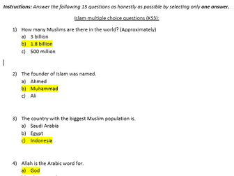 Islam multiple choice questions (KS3)