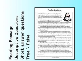 Dmitri Mendeleev Biography Reading Comprehension Passage Printable Worksheet PDF